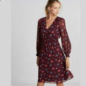 EXPRESS Women's Maroon Floral V-neck Chiffon Smocked Waist Dress L